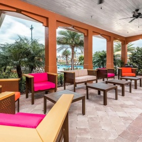 a room with a brick patio